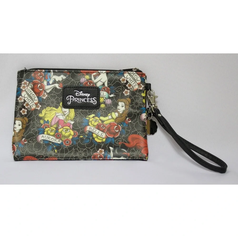 Disney Princess Loungefly Tattoo Print Black Wristlet Zipper‎ Bag with Keychain